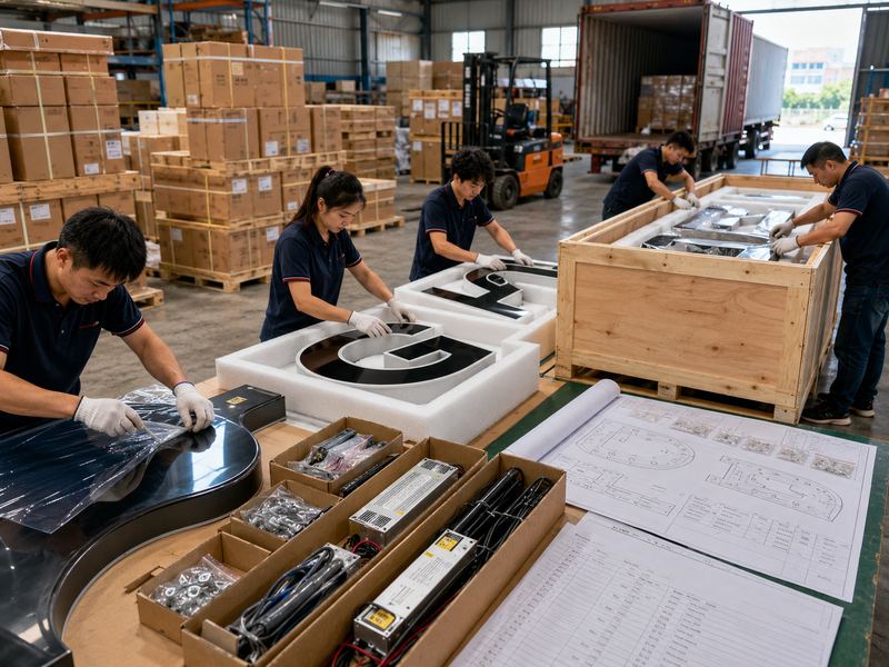 Workers protecting, labeling, crating, and preparing custom commercial signs and accessories for international delivery.