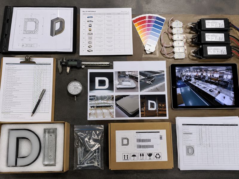 Shop drawings, LED components and quality records used for sign factory audit verification