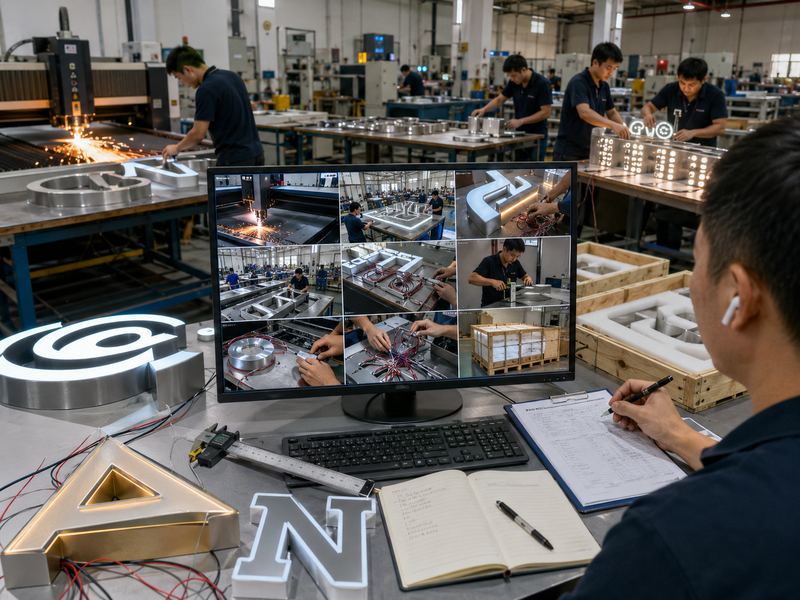 Remote factory audit verifying channel letter production, LED testing, quality control, and export packaging.