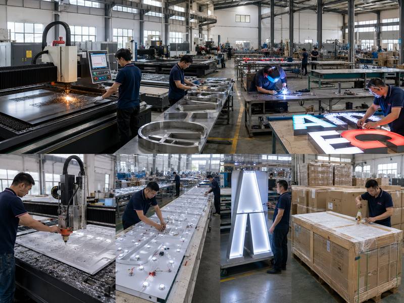 Custom sign factory with channel letter fabrication, LED assembly, testing and packaging