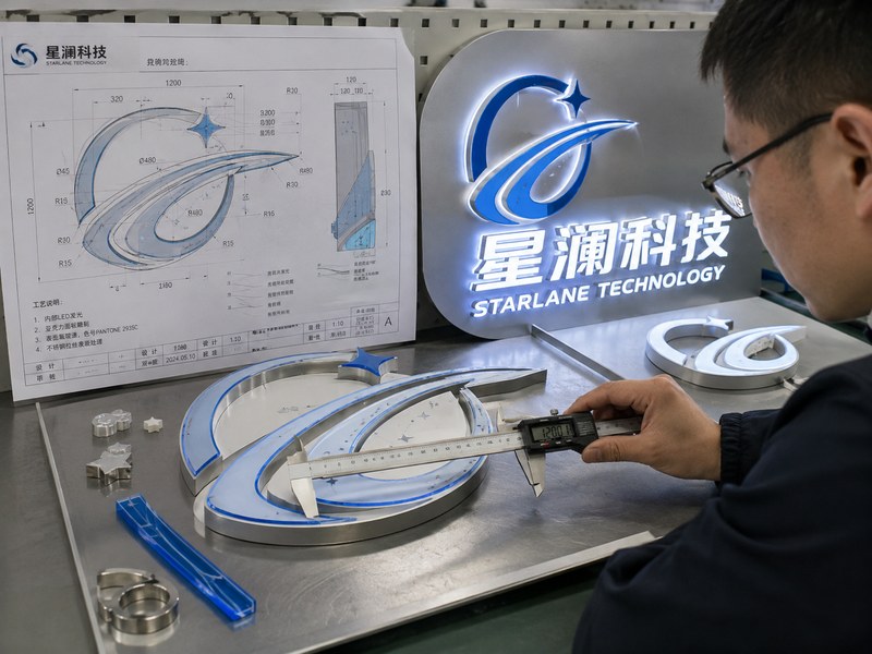 Complex logo prototype being compared with engineering drawings to verify sign factory manufacturing capability