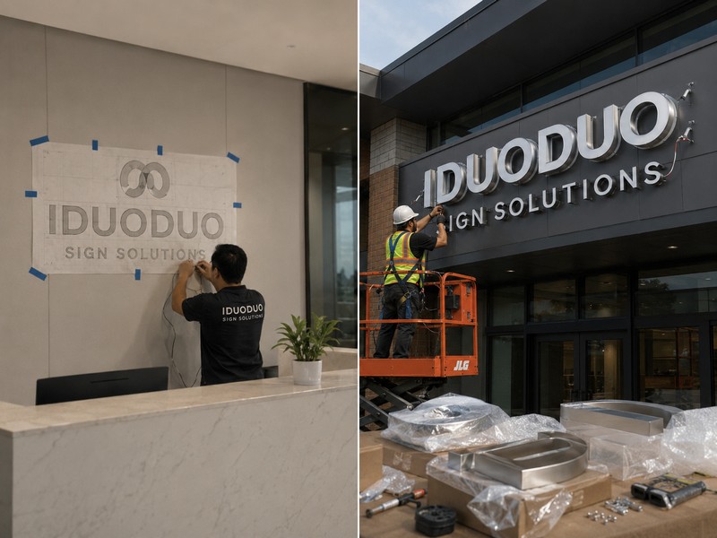 Indoor and outdoor commercial sign installation comparison