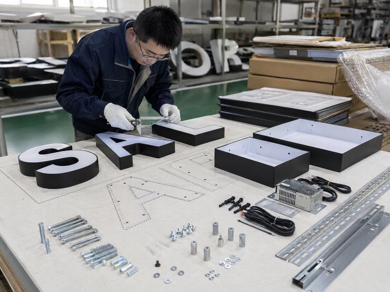 Channel letters and cabinet sign installation parts before shipment