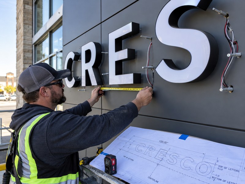 Channel letter installation details showing wall surface, mounting points and wire exits