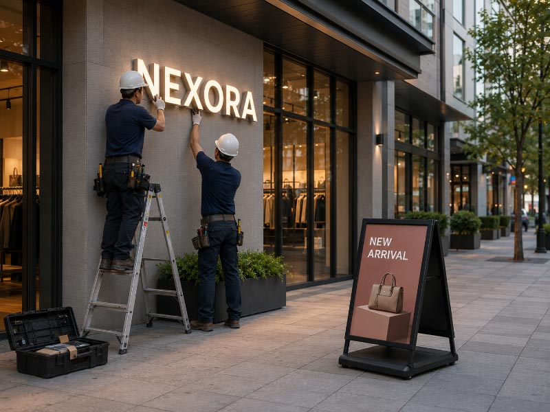 Fixed sign installation and portable sign placement at a commercial site