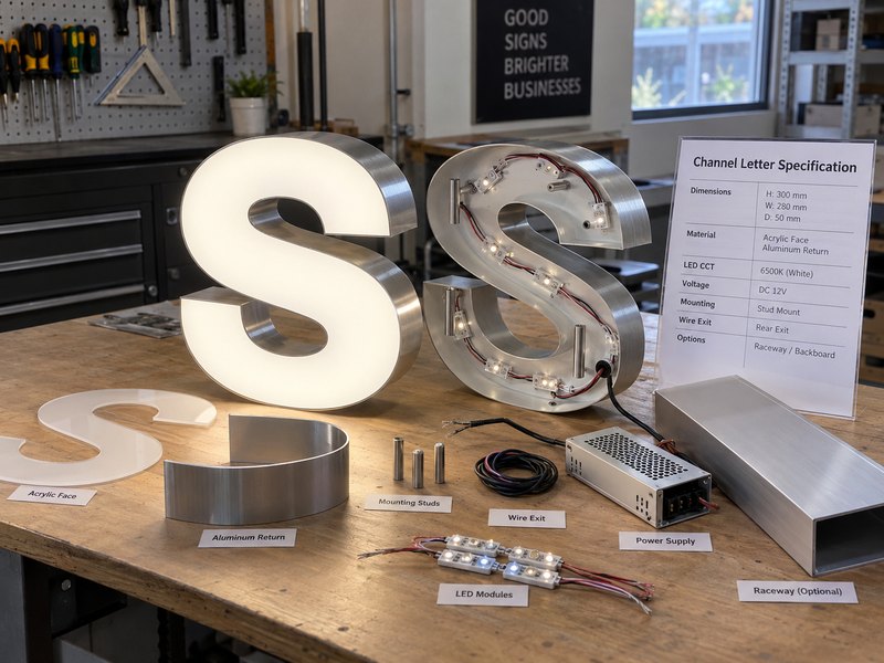 Channel letter specification showing dimensions, materials, LED lighting, power supply, mounting and wire exit details
