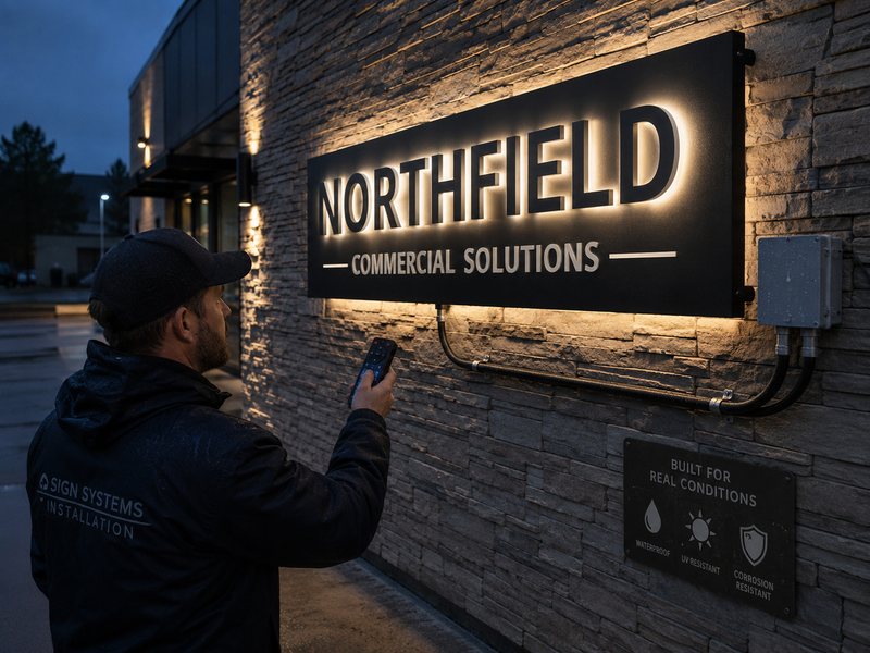 Outdoor illuminated sign with dimming control, wall conditions and weather-resistant installation