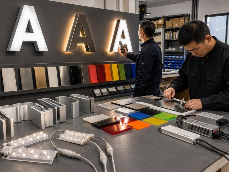 Channel letter lighting tests with aluminum, stainless steel, acrylic, LED modules, and signage components