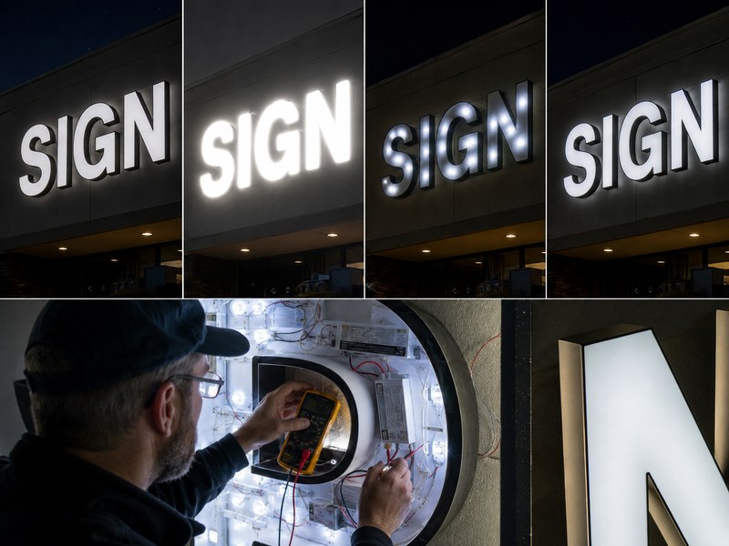 Technician testing channel letter brightness, voltage and lighting uniformity for commercial signage