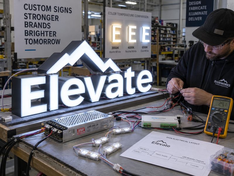 Illuminated sign lighting, power supplies, wiring and LED specifications being tested before production