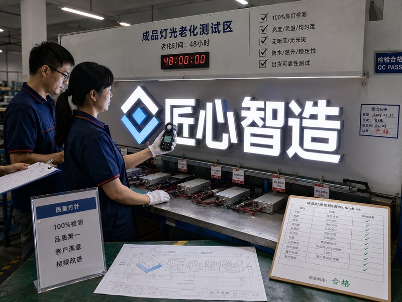 Illuminated sign undergoing lighting inspection and pre-shipment testing before production approval