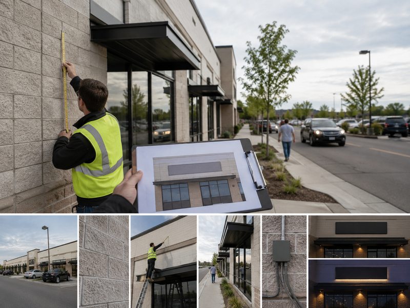 Commercial sign site survey evaluating viewing distance, installation height, storefront size and lighting conditions