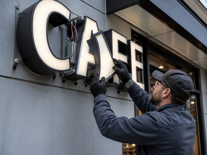 Technician inspecting maintenance conditions for an illuminated commercial sign