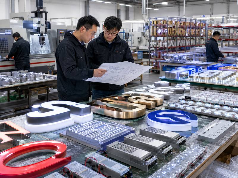 Custom sign factory capabilities including channel letters, acrylic logos, engineering, testing, and packaging.