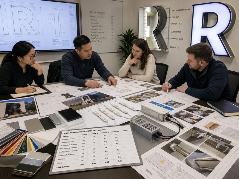 Project team comparing custom sign manufacturers using technical drawings, material samples, quotations, inspection evidence, and evaluation scorecards