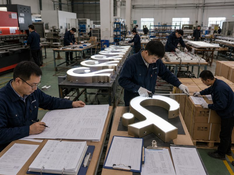 Engineer and quality-control team evaluating custom sign production, testing, and packaging processes