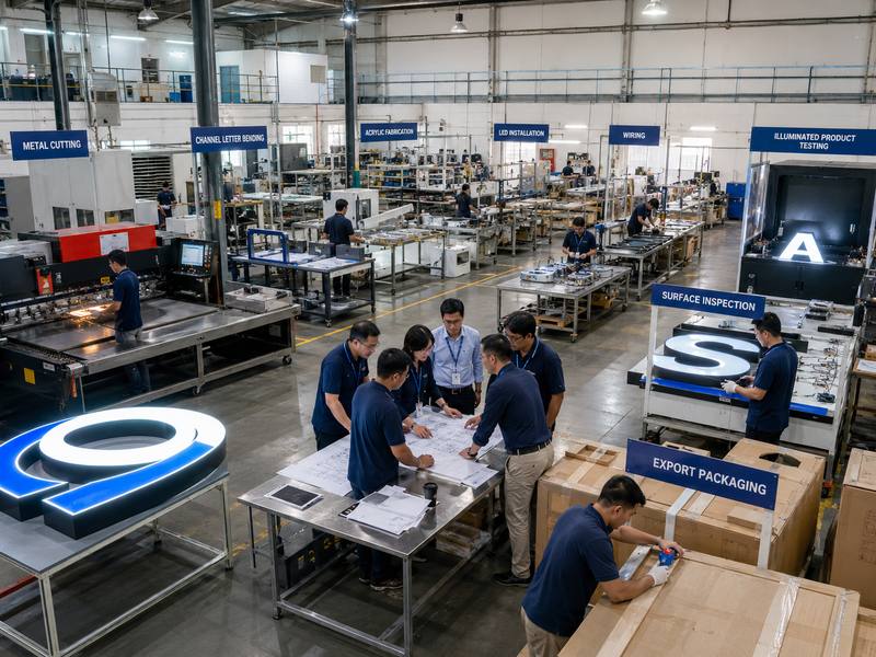 Custom sign manufacturer factory audit showing fabrication, LED testing, engineering and export packaging