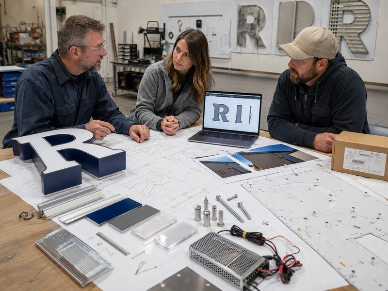 Sign manufacturer and installer coordinating drawings and mounting requirements