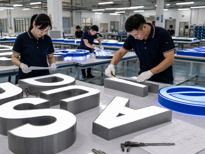Sign manufacturer QC system inspecting custom illuminated signs before shipment