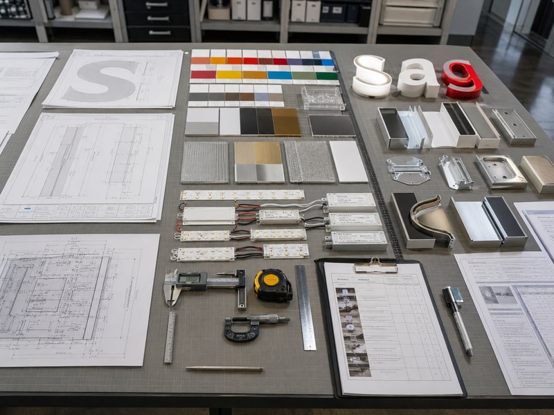 Channel letter manufacturing standards with material samples, LED modules and engineering specifications