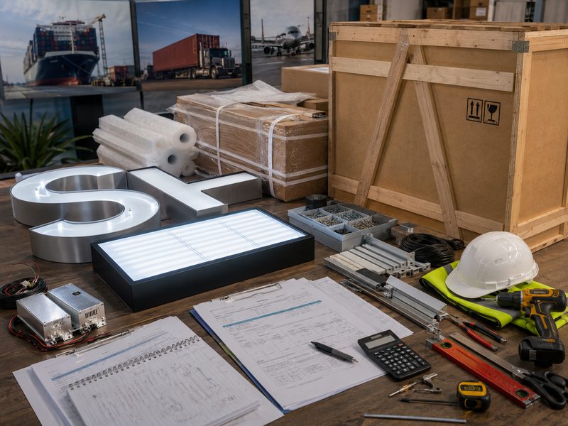 Total installed cost comparison covering sign manufacturing, packaging, freight, customs, and local installation.