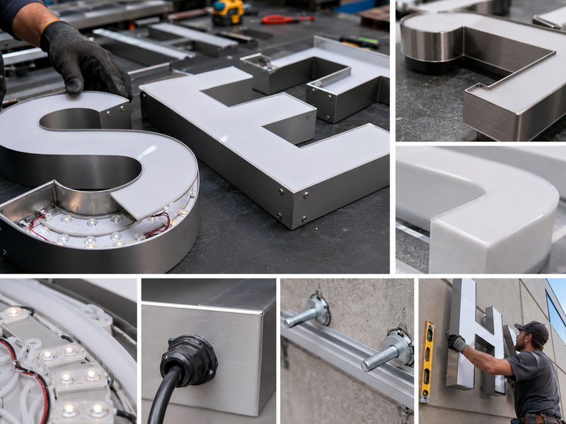 Commercial sign materials and installation details with aluminum, stainless steel, acrylic, LEDs and mounting hardware