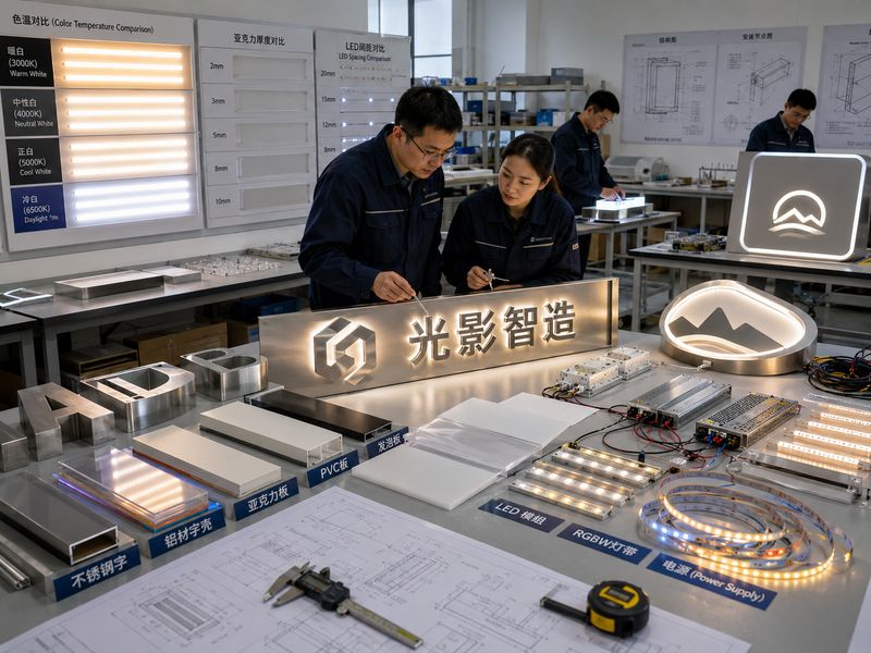 Engineers evaluating commercial sign materials, LED modules, acrylic faces, metal letters, and lighting uniformity