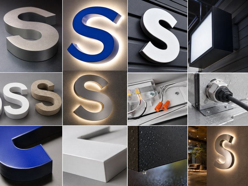 Custom sign materials and lighting options for indoor and outdoor signage