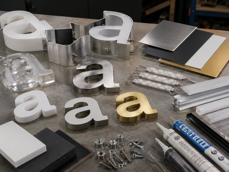 Commercial sign materials including acrylic metal PVC foam and LED components
