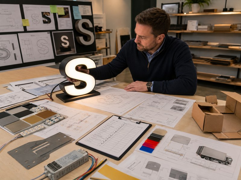 Commercial sign order approval package with drawings, materials, LED specifications, mounting templates, and illuminated sample