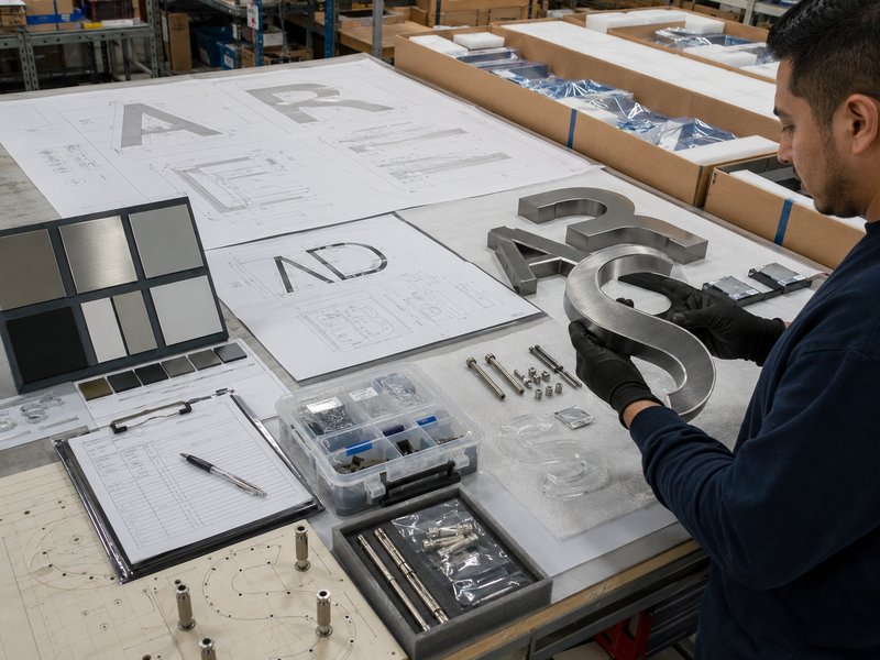 Custom non-illuminated sign order inspection with drawings, finish samples, mounting hardware and packaging