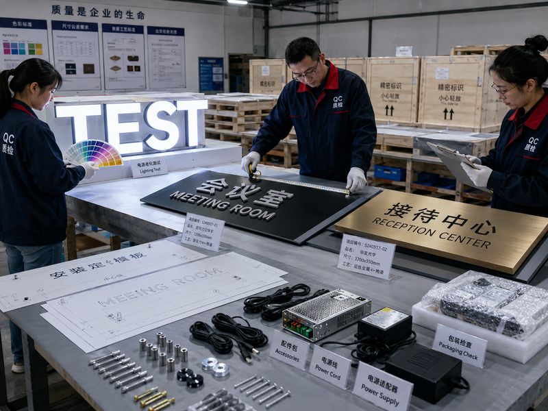 Finished commercial sign package inspected for color, lighting, dimensions, and installation details