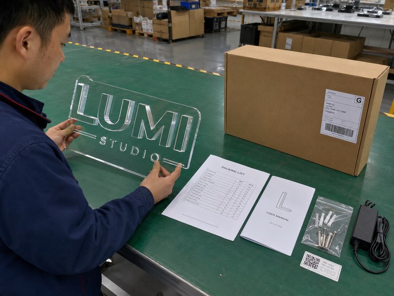 Shipping labels manuals and accessories checked for neutral sign packaging