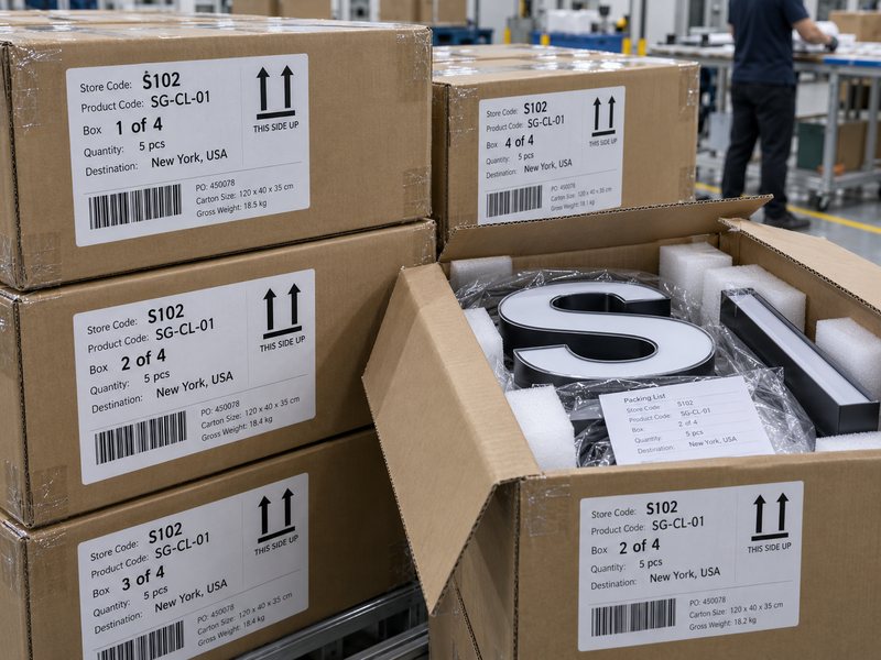 Sign packaging labels showing store code, product code, carton number and destination details