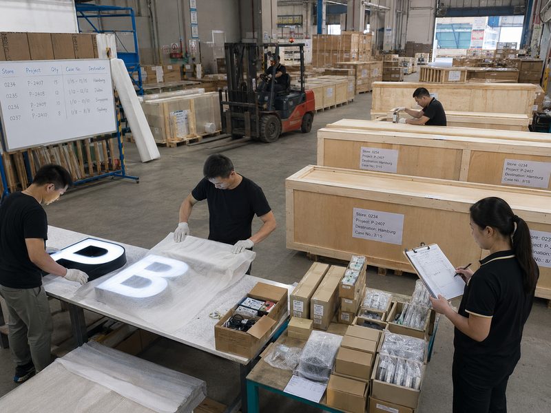 Illuminated signs protected for export with reinforced packaging, separated accessories, project labels, and organized shipment control