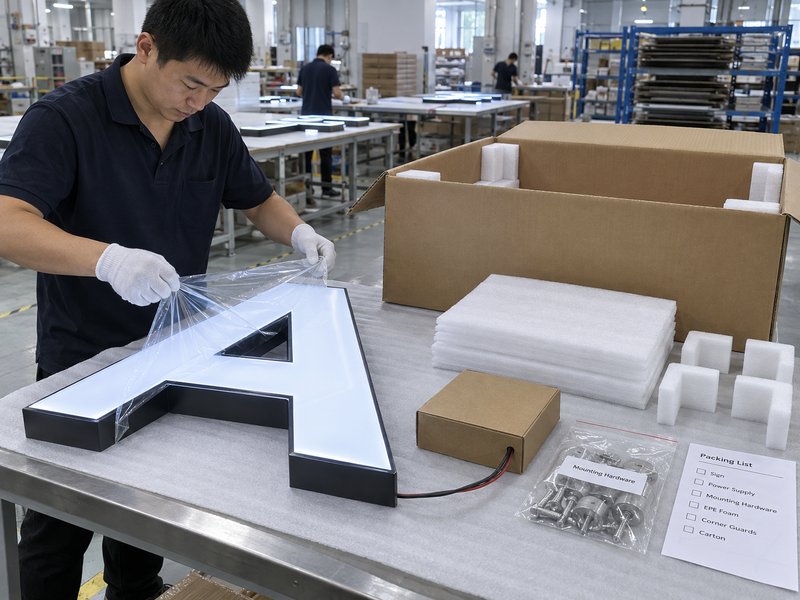 Custom sign packaging specification with foam carton and accessory protection