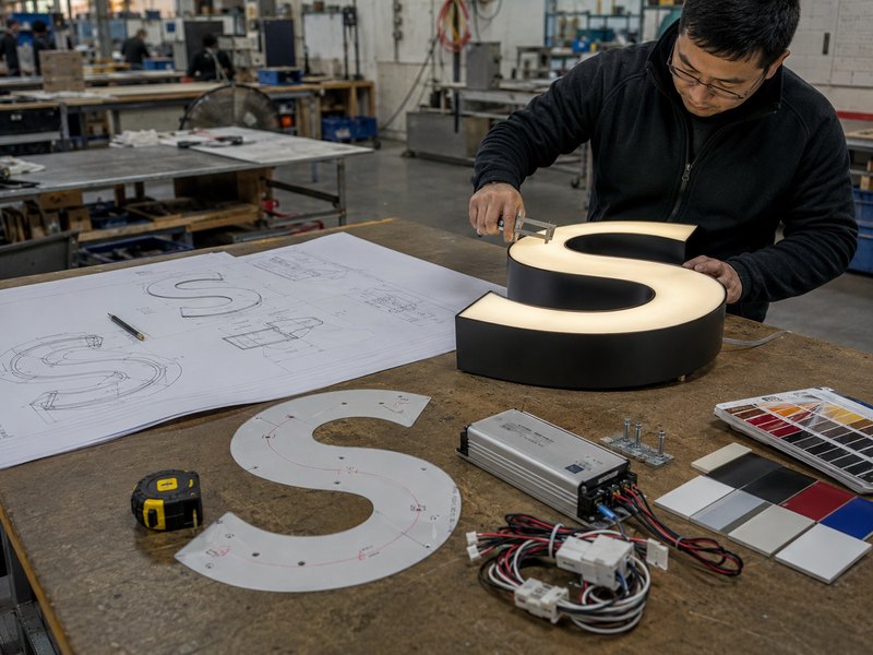 Custom sign sample with drawings materials and mounting details before production