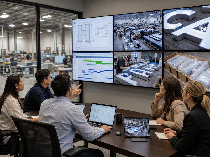 Sign procurement team reviewing channel letter production during a remote factory audit