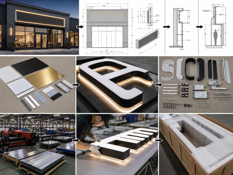 Approved 3D sign rendering converted into drawings, prototype, production, inspection, and packaging