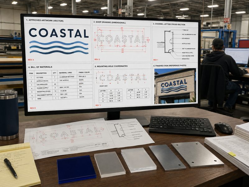 Approved sign production files including vector artwork, shop drawings, BOM, mounting coordinates and material samples