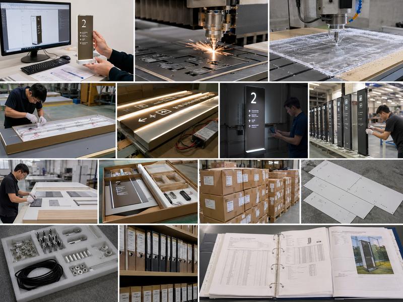 Custom signage production quality testing packaging and maintenance workflow