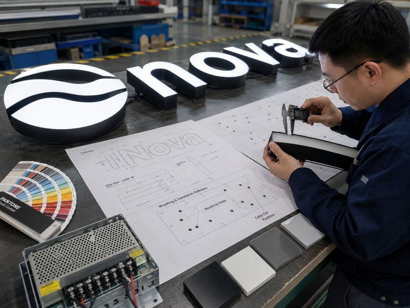 Checking custom sign dimensions materials lighting and mounting specifications before production