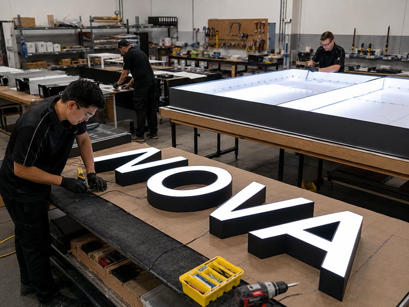 Factory view of channel letters and light box signs in production