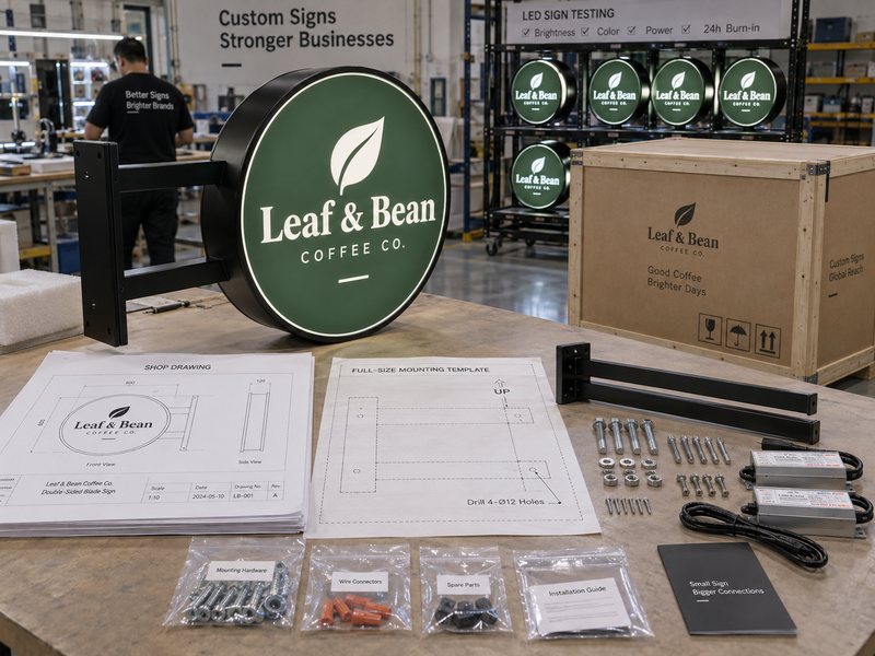 Complete custom sign project package with channel letters drawings mounting accessories testing and export packing