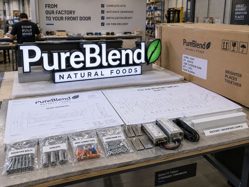 Commercial sign project scope with shop drawings, finished signs and installation accessories