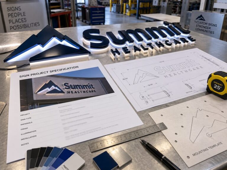 Sign project specification sheet with channel letters, shop drawings and approved project details