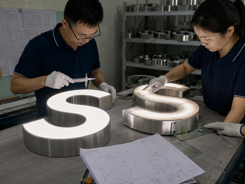 QC inspection identifying manufacturing defects and supplier quality risks in custom signs