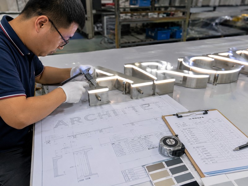 Sign QC inspection comparing channel letters with approved drawings and production standards
