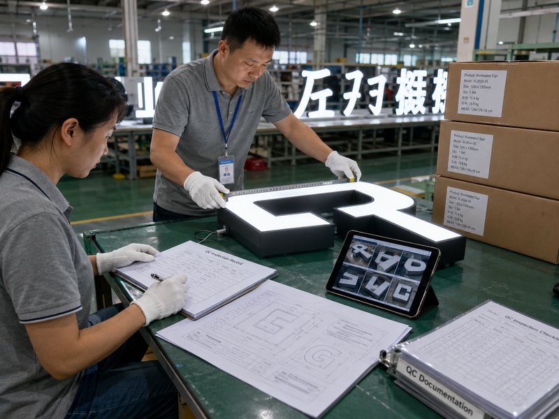 Sign manufacturer QC verification using inspection records, measurements, photos, and finished signs