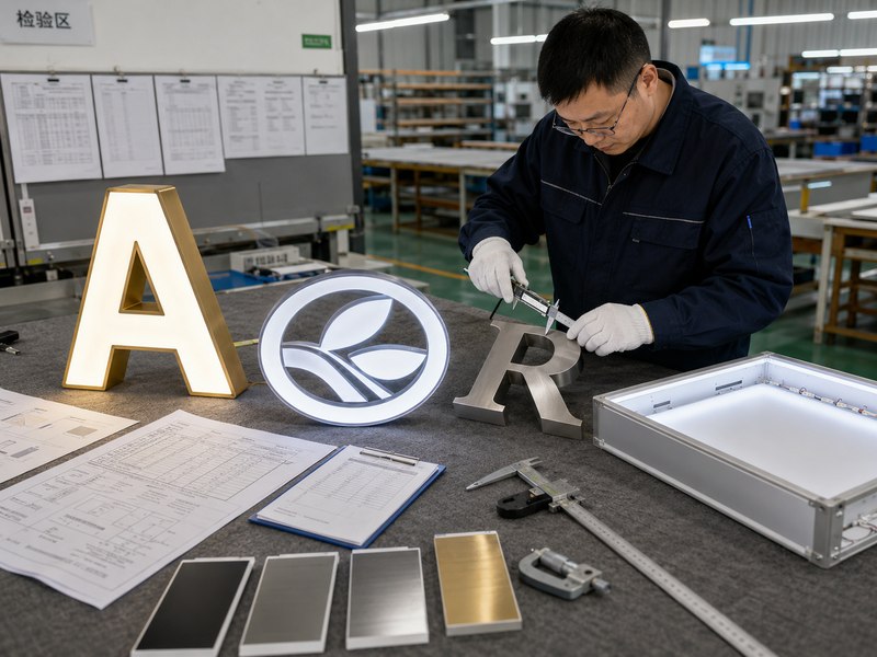 Quality inspection of different custom sign types using drawings, measurements, and approved production standards